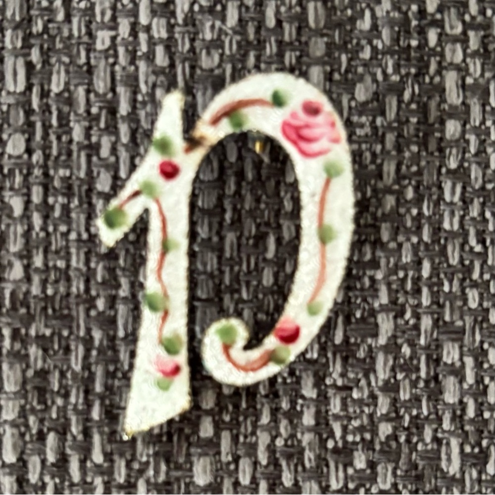Vintage Enamel Pink and Green Floral Initial Brooch 1950s-1960s